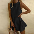 Sleeveless linen dress with round neckline