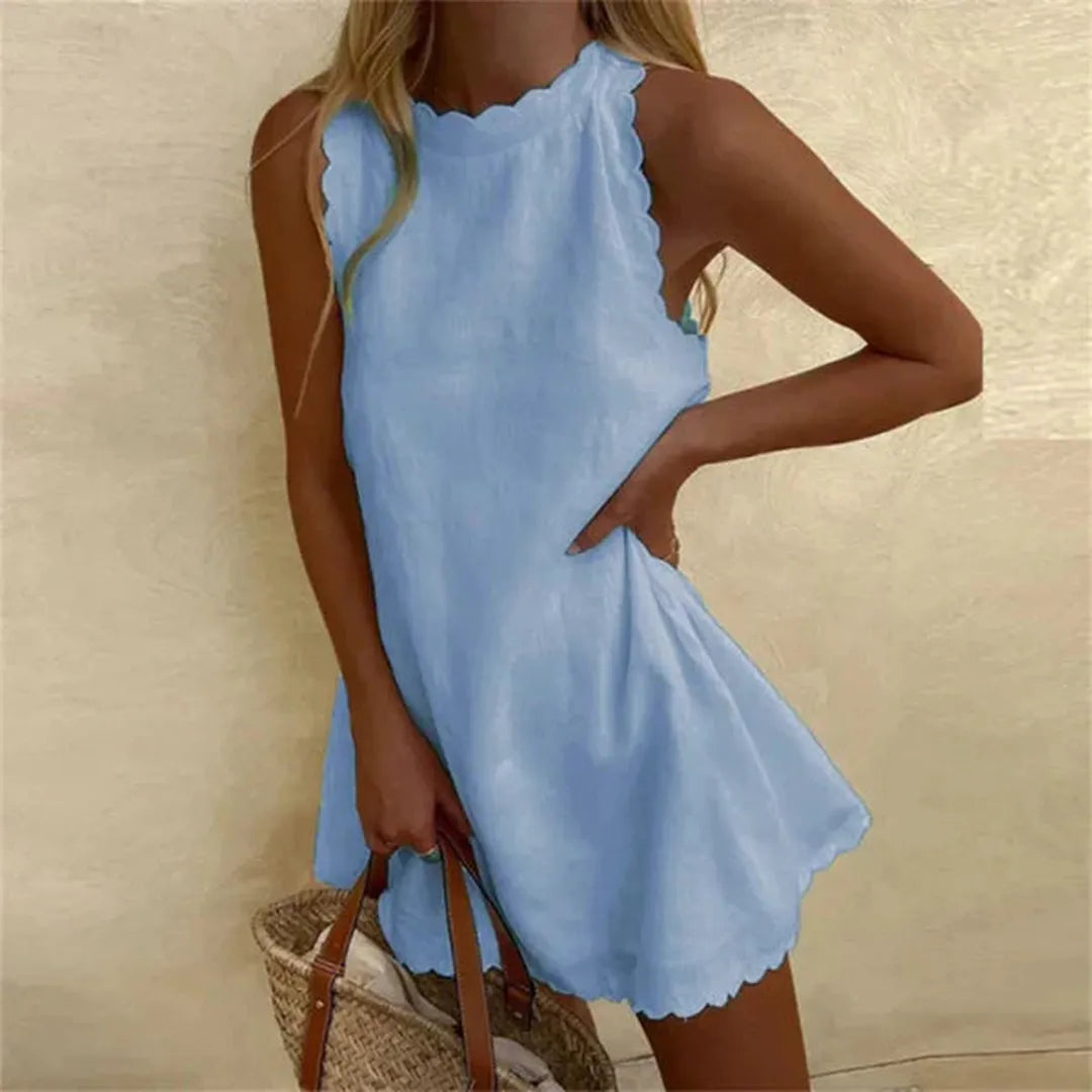 Sleeveless linen dress with round neckline