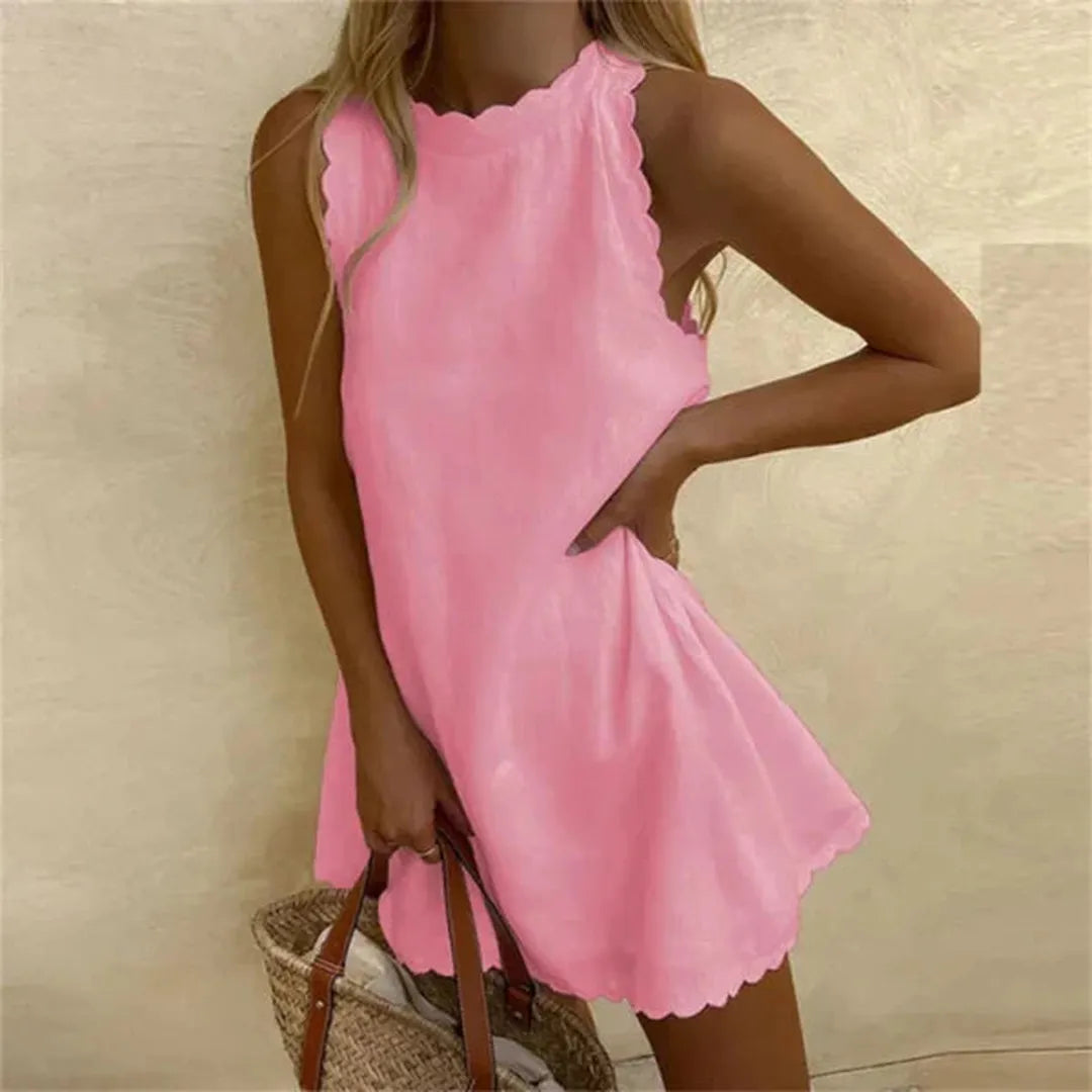 Sleeveless linen dress with round neckline