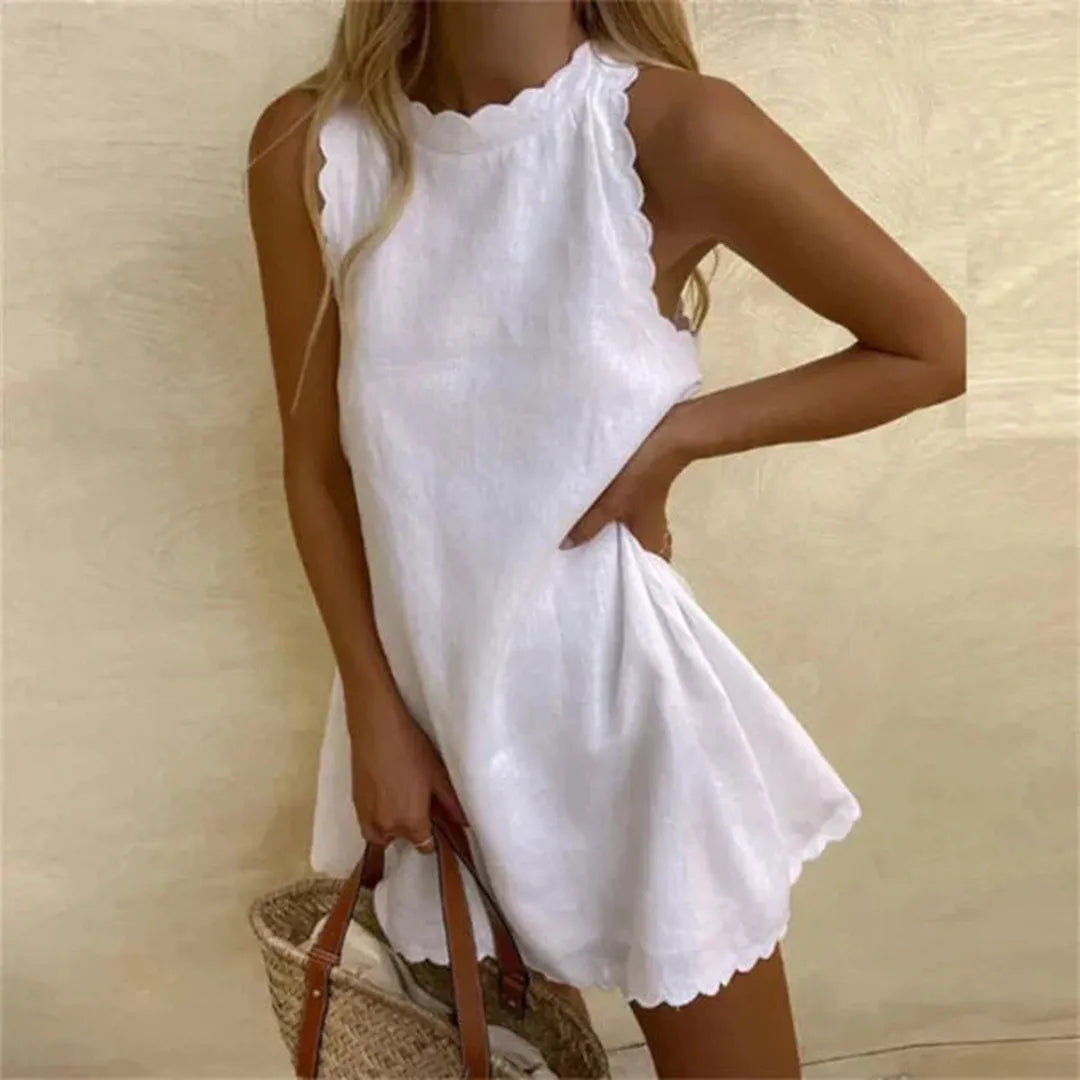Sleeveless linen dress with round neckline