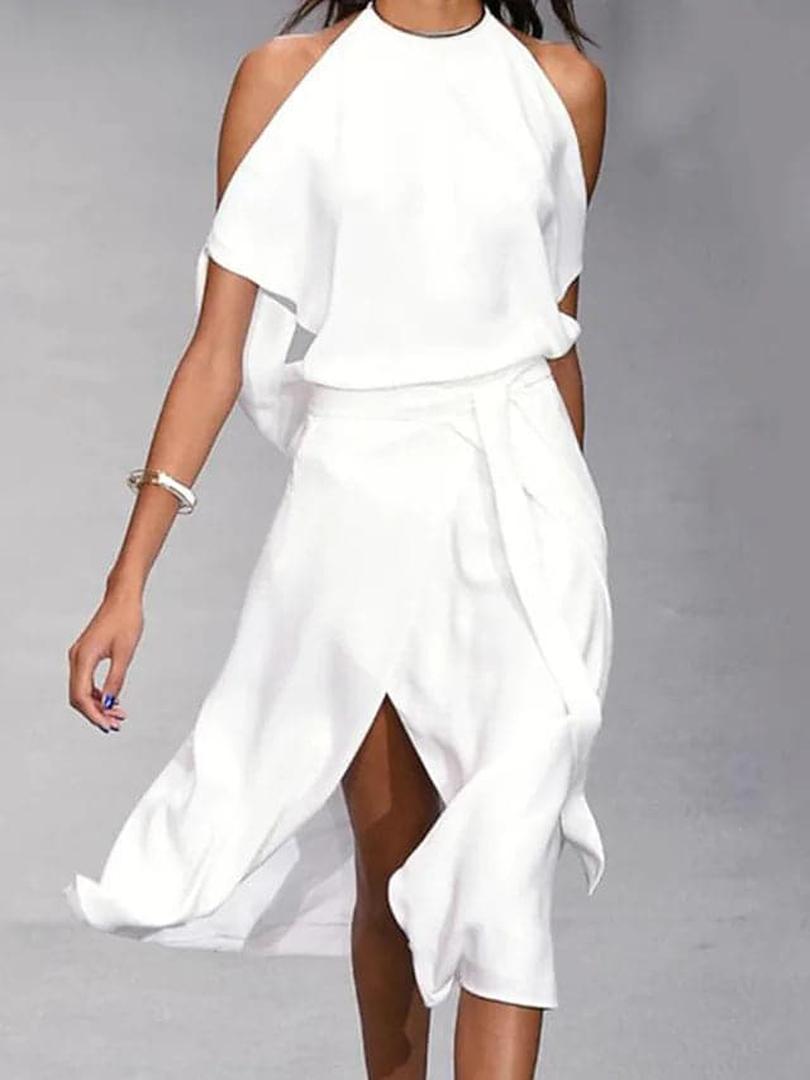Midi Dress with Off-shoulder and Halter Neckline