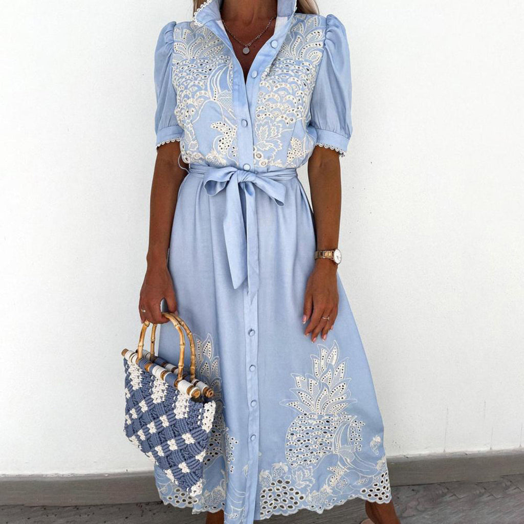 Embroidered maxi dress with waist tie and puff sleeves