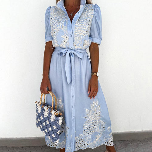 Embroidered maxi dress with waist tie and puff sleeves
