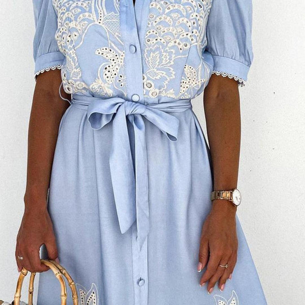 Embroidered maxi dress with waist tie and puff sleeves