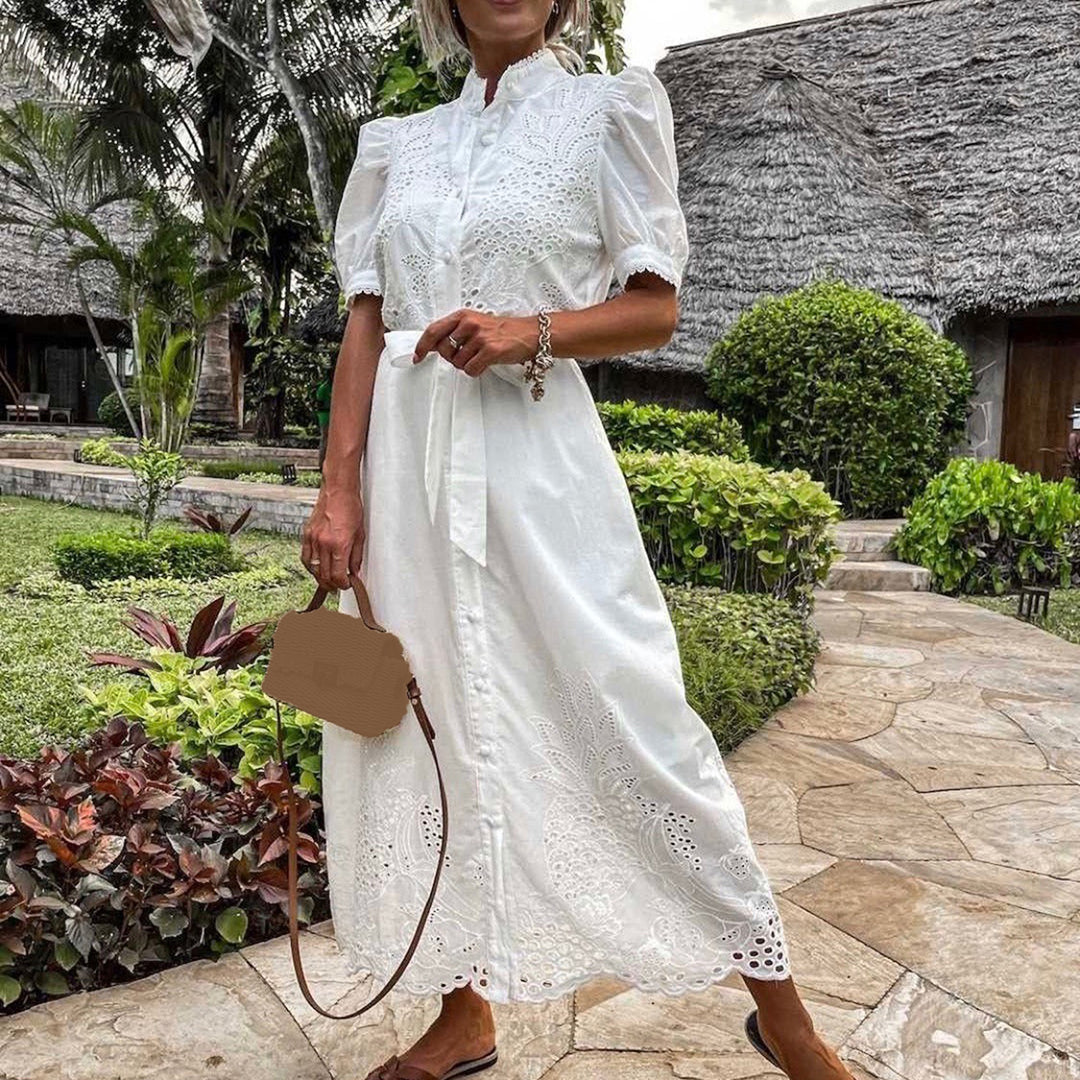 Embroidered maxi dress with waist tie and puff sleeves