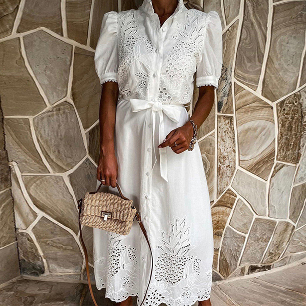 Embroidered maxi dress with waist tie and puff sleeves