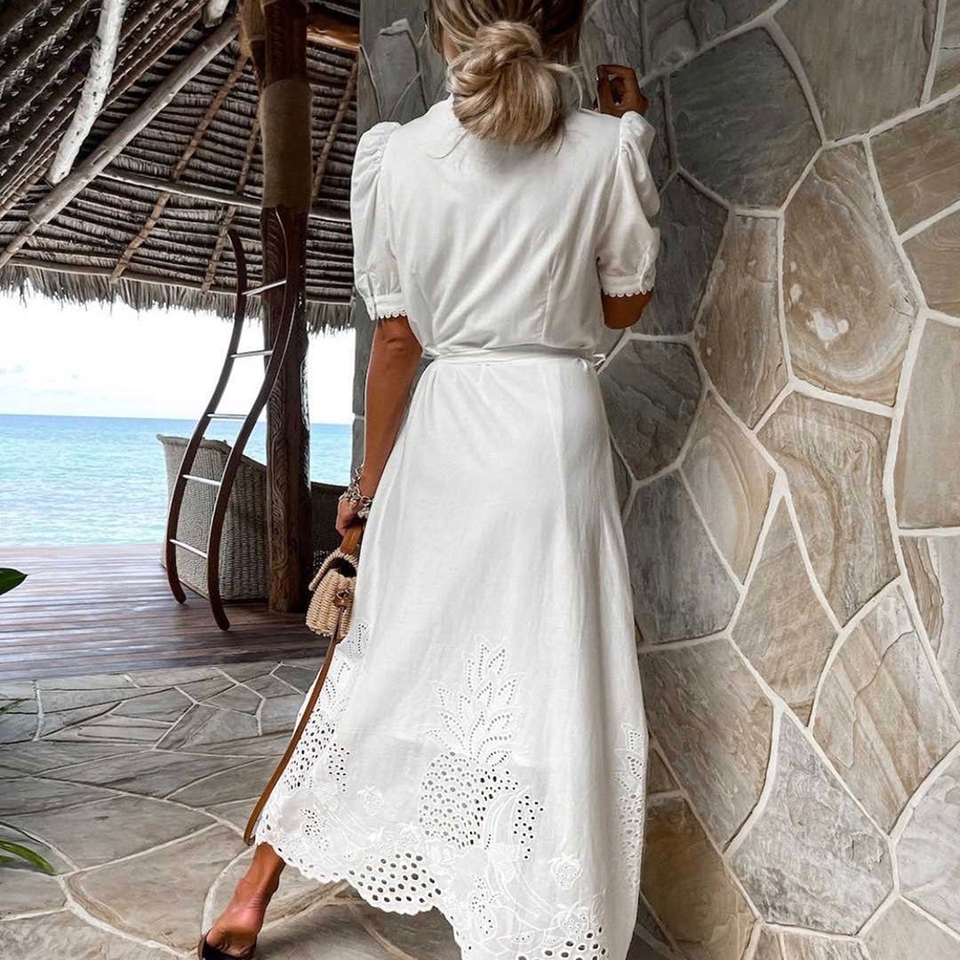 Embroidered maxi dress with waist tie and puff sleeves