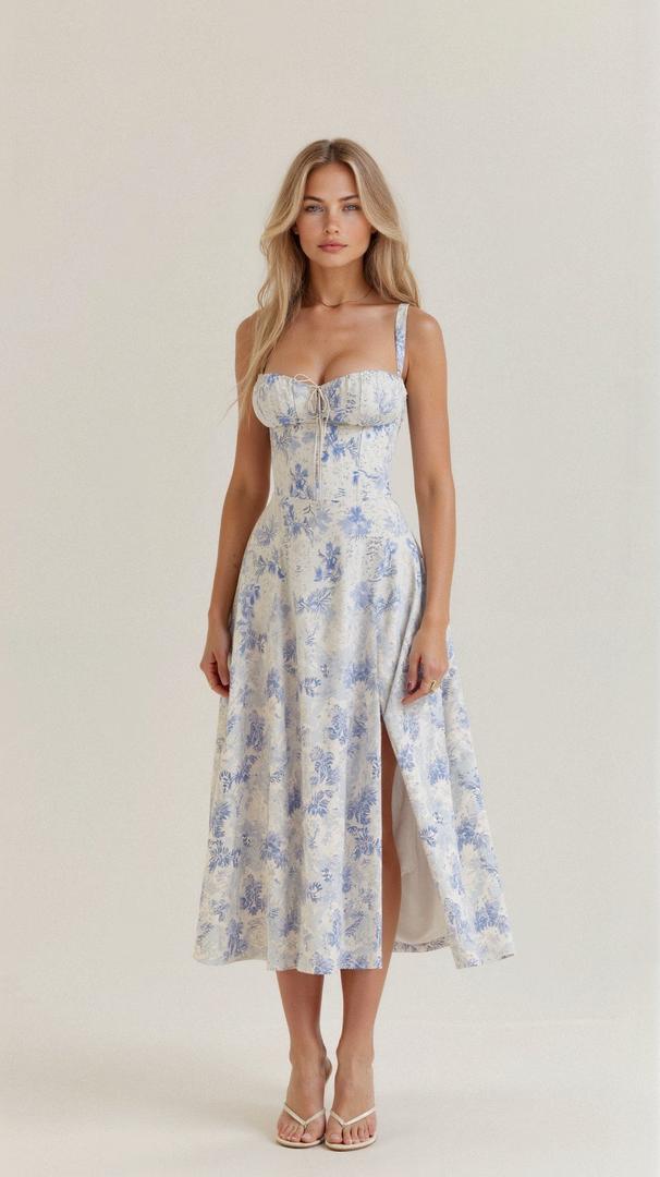 Floral corset-style midi dress with slit