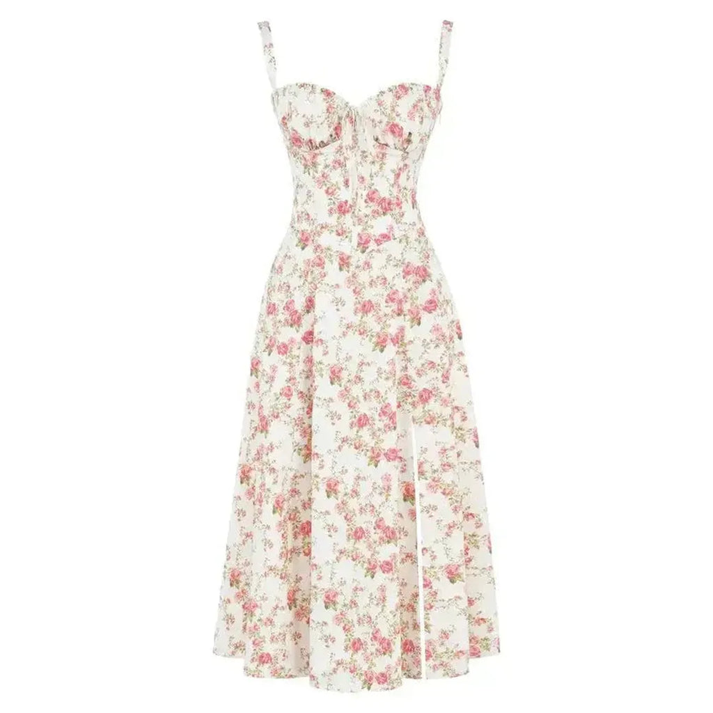 Floral corset-style midi dress with slit