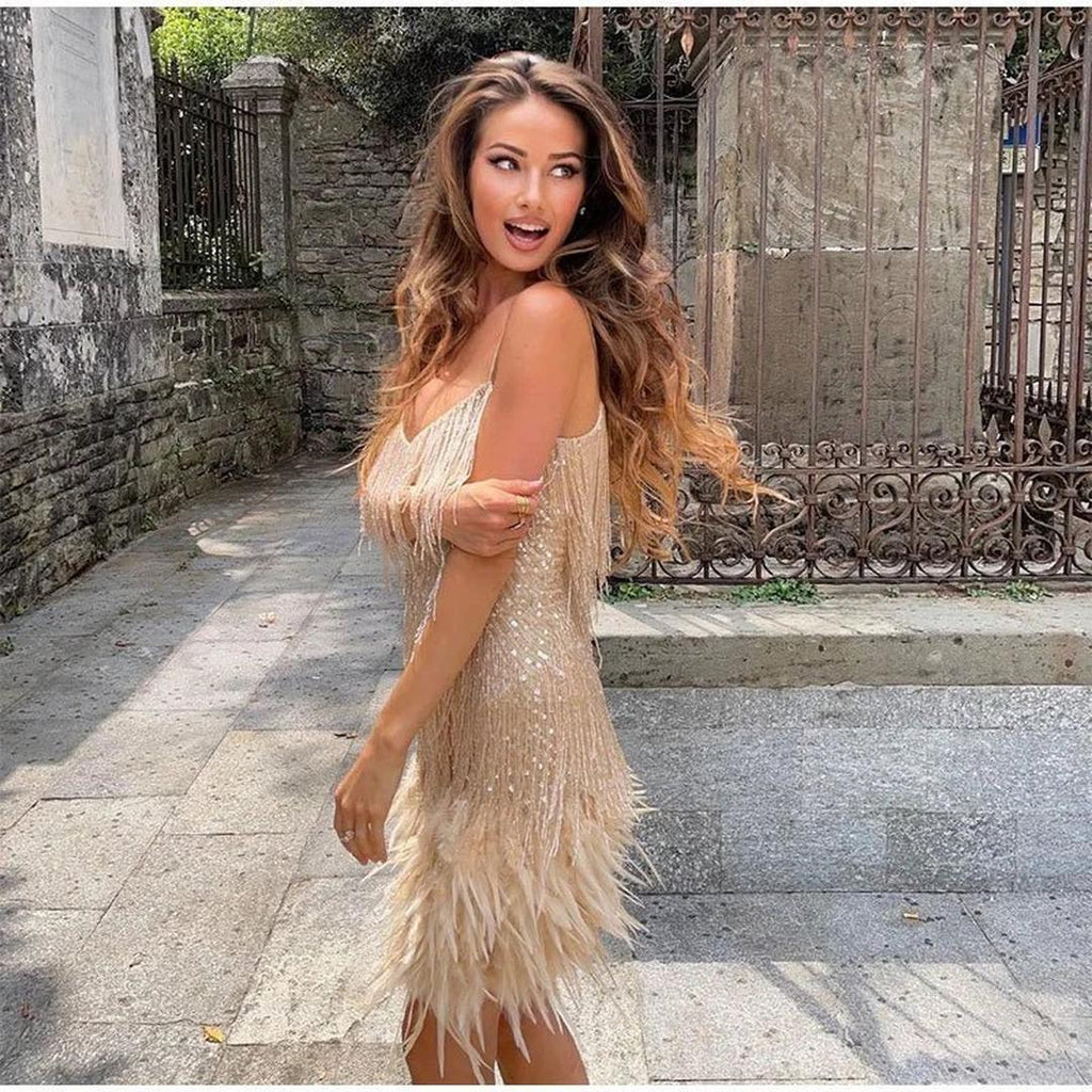 Mini sequin dress with fringe on spaghetti straps