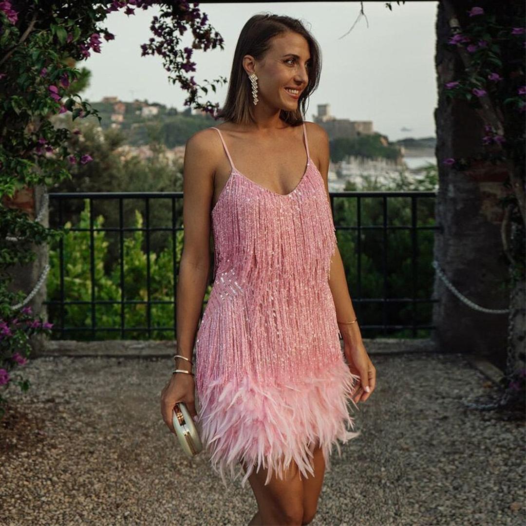Mini sequin dress with fringe on spaghetti straps