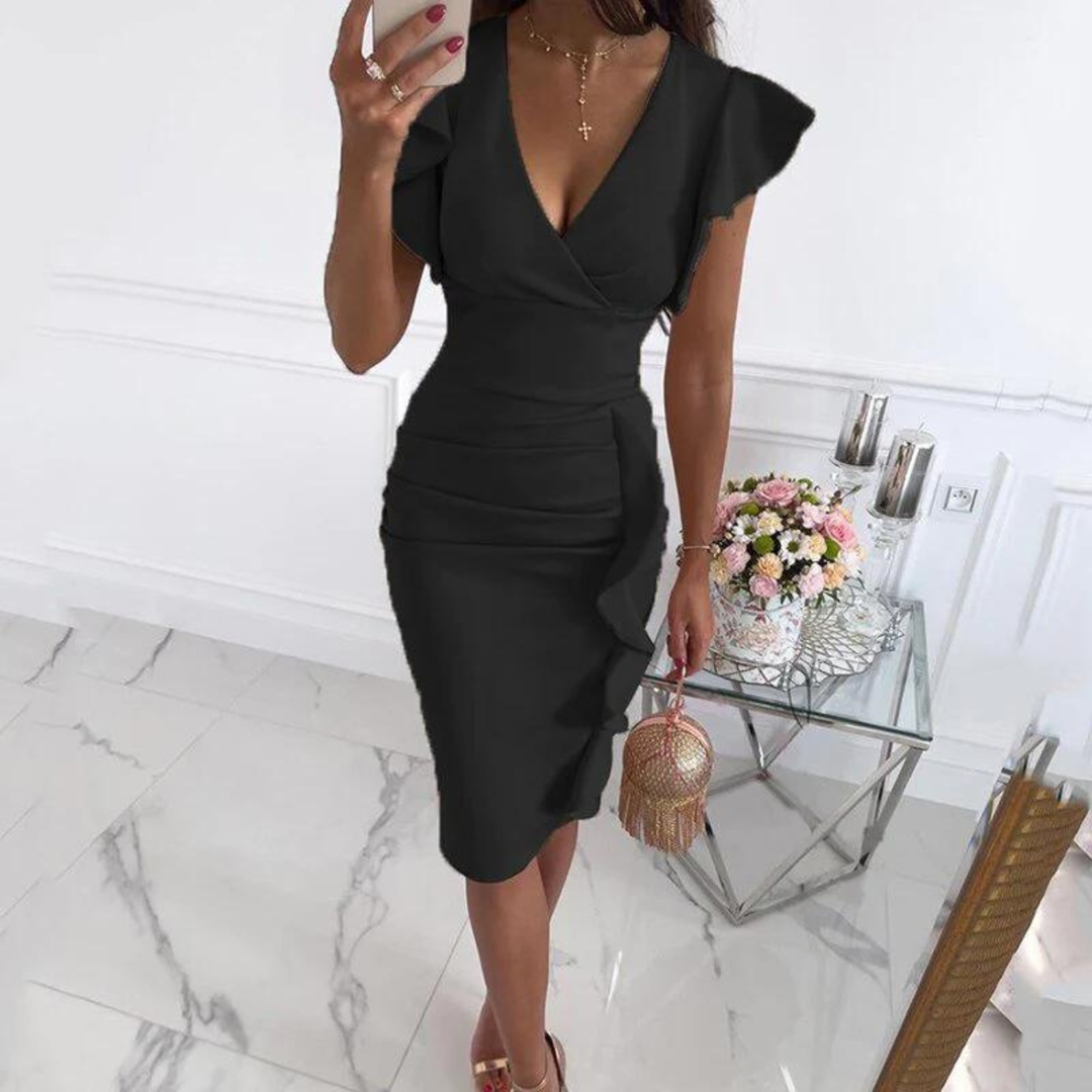 Printed dress with ruffled sleeves and V-neckline