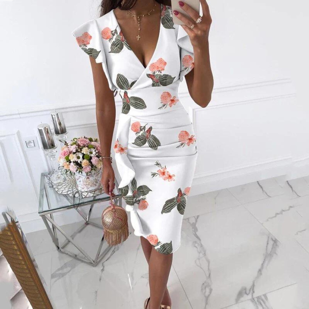 Printed dress with ruffled sleeves and V-neckline