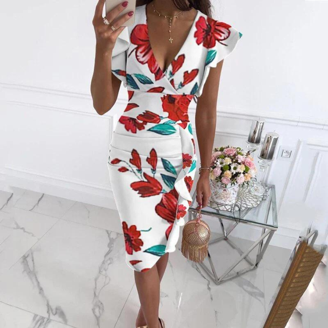 Printed dress with ruffled sleeves and V-neckline