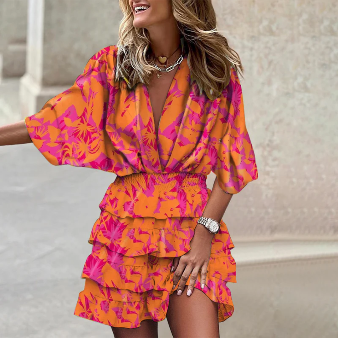 Mini dress with print, V-neckline, and ruffle